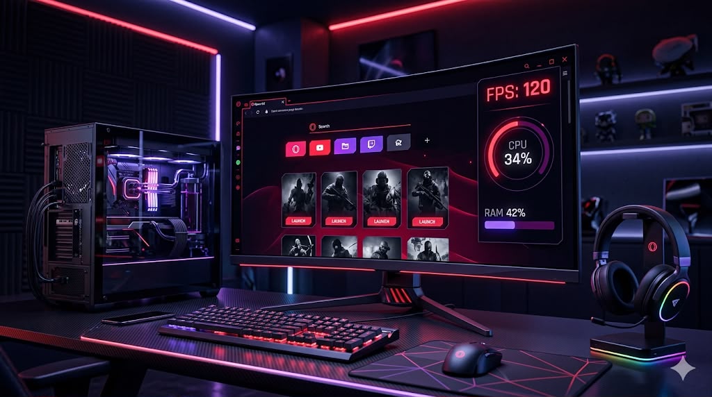 Setup gaming avec Opera GX affichant FPS, CPU et RAM